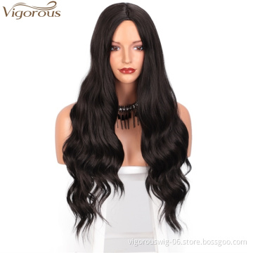 Vigorous Long Wavy Black Color Heat Resistant Synthetic Full Machine Made Wigs For Black Women Middle Part Fiber Hair Wig